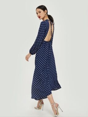 Topshop Navy White Polka Dot Tie Open Back Side Slit Maxi Dress Size US 6